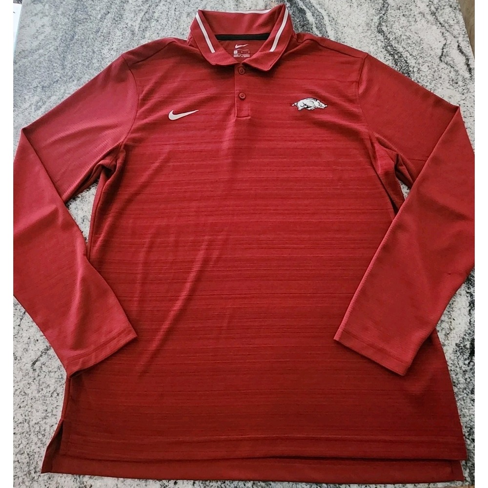 NIKE DRI FIT ON FIELD ARKANSAS RAZORBACKS POLO MENS LARGE LONG SLEEVE‎ RED NCAA
